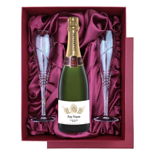 Personalised Champagne - Gold Ornate Label in Red Luxury Presentation Set With Flutes